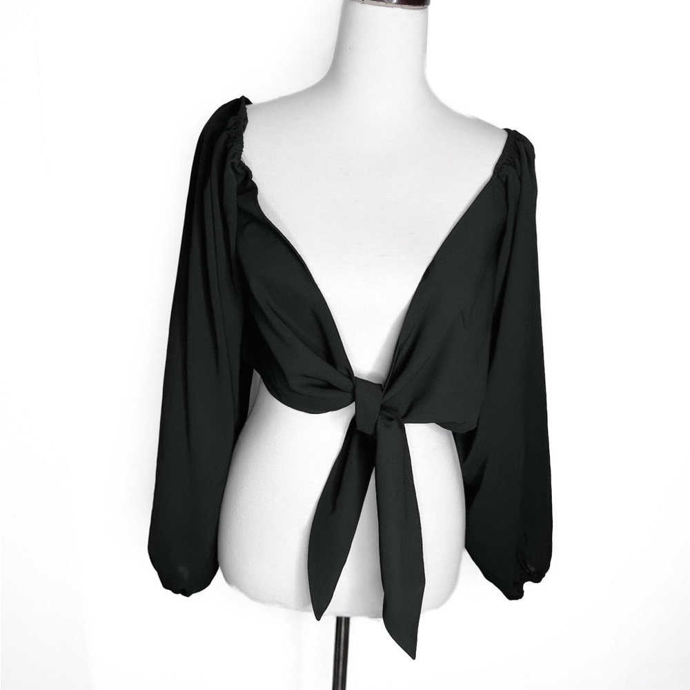 Hers & Mine Black Long Sleeve Front Tie Crop Top Size Small - Picture 2 of 5